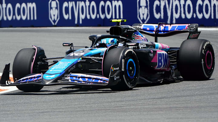 May 3, 2024; Miami Gardens, Florida, USA; Alpine driver Pierre Gasley (10) races into turn one during F1 practice at Miami International Autodrome. Mandatory Credit: John David Mercer-Imagn Images