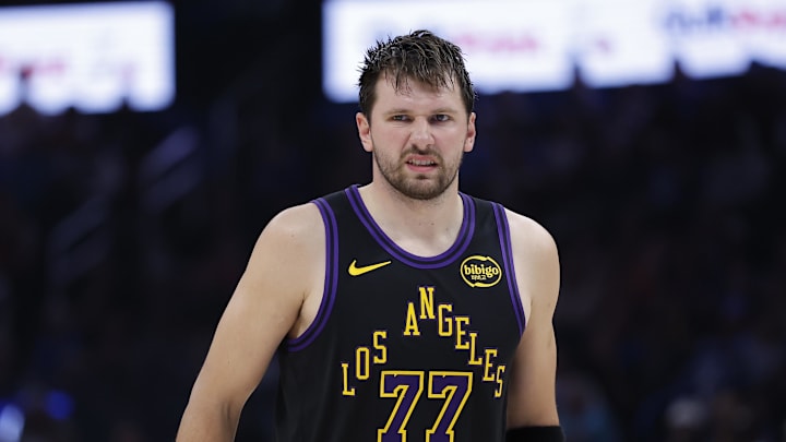 Apr 2, 2026; Oklahoma City, Oklahoma, USA; Los Angeles Lakers guard Luka Doncic (77) reacts after a play against the Oklahoma City Thunder during the second half at Paycom Center. Mandatory Credit: Alonzo Adams-Imagn Images