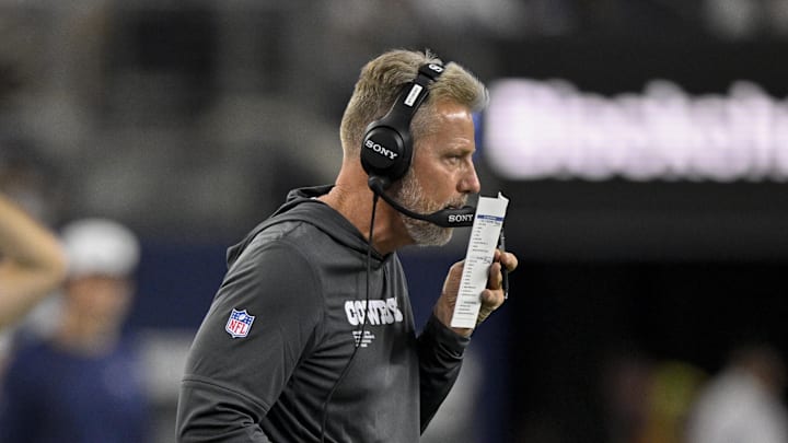 Aug 16, 2025; Arlington, Texas, USA; Dallas Cowboys defensive coordinator Matt Eberflus looks on during the game between the Dallas Cowboys and the Baltimore Ravens at AT&T Stadium. Mandatory Credit: Jerome Miron-Imagn Images