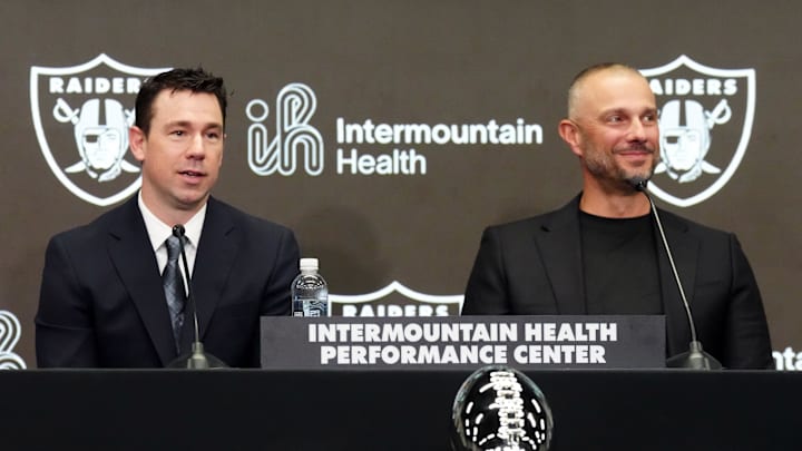 Feb 10, 2026; Henderson, NV, USA; Las Vegas Raiders coach Klint Kubiak (left) and general manager John Spytek at introductory press conference at Intermountain Health Performance Center. Mandatory Credit: Kirby Lee-Imagn Images