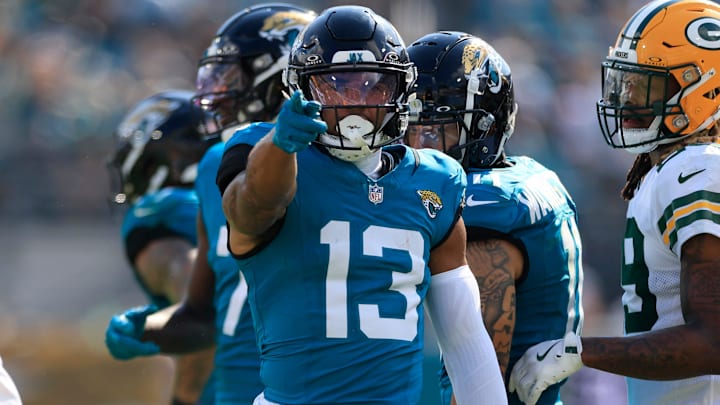 Jacksonville Jaguars wide receiver Christian Kirk (13) signals a first down pickup during the third quarter of an NFL football matchup Sunday, Oct. 27, 2024 at EverBank Stadium in Jacksonville, Fla. The Packers edged the Jaguars 30-27 on a last-second field goal. [Corey Perrine/Florida Times-Union]