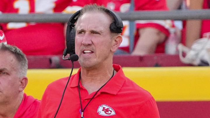 Sep 15, 2024; Kansas City, Missouri, USA; Kansas City Chiefs defensive coordinator Steve Spagnuolo watches play against the Cincinnati Bengals during the game at GEHA Field at Arrowhead Stadium. Mandatory Credit: Denny Medley-Imagn Images