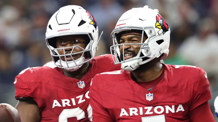 Nov 3, 2025; Arlington, Texas, USA; Arizona Cardinals quarterback Jacoby Brissett (7) celebrates scoring a touchdown against the Dallas Cowboys in the first half at AT&T Stadium. Mandatory Credit: Kevin Jairaj-Imagn Images