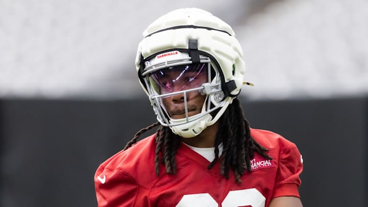 Jul 24, 2025; Glendale, AZ, USA; Arizona Cardinals wide receiver Tejhaun Palmer (83) during training camp at State Farm Stadium. Mandatory Credit: Mark J. Rebilas-Imagn Images