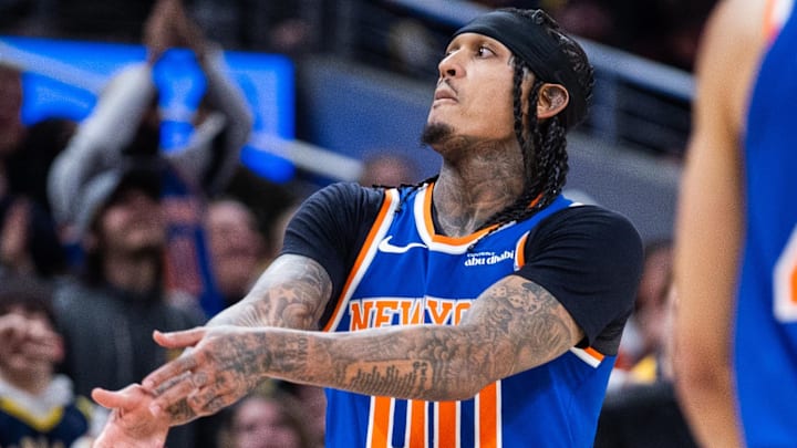 Mar 13, 2026; Indianapolis, Indiana, USA; New York Knicks guard Jordan Clarkson (00) celebrates a made basket in the second half against the Indiana Pacers at Gainbridge Fieldhouse. Mandatory Credit: Trevor Ruszkowski-Imagn Images Mar 13, 2026; Indianapolis, Indiana, USA; New York Knicks guard Jordan Clarkson (00) celebrates a made basket in the second half against the Indiana Pacers at Gainbridge Fieldhouse. Mandatory Credit: Trevor Ruszkowski-Imagn Images