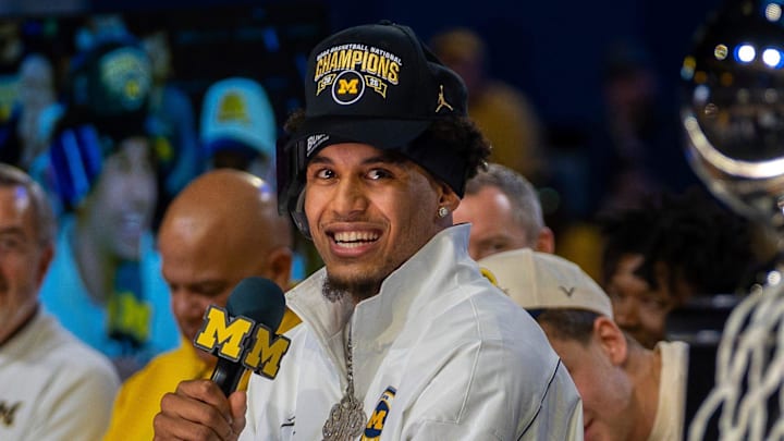 Michigan Wolverines player Yaxel Lendeborg speaks during a celebration honoring the team’s NCAA men’s basketball national championship at Crisler Center in Ann Arbor on Saturday, April 11, 2026.