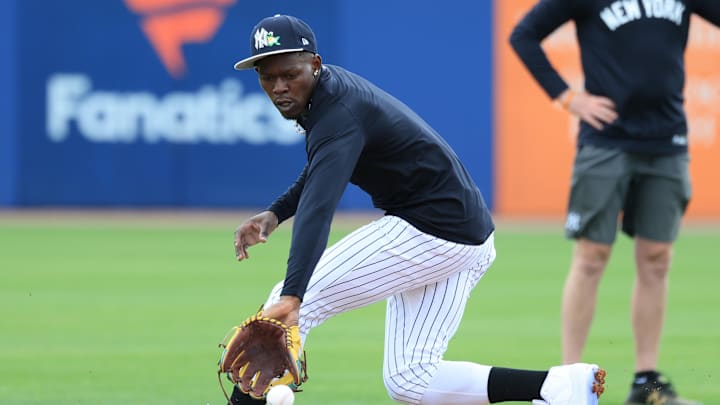 Feb 12, 2026; Tampa, FL, USA;  New York Yankees second baseman Jazz Chisholm Jr. (13) works out during spring training workouts at George M. Steinbrenner Field. Mandatory Credit: Kim Klement Neitzel-Imagn Images