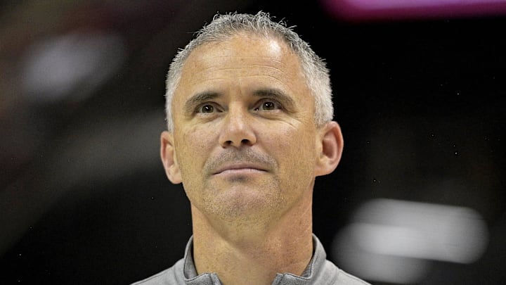 Mar 9, 2024; Tallahassee, Florida, USA; Florida State Seminoles head football coach Mike Norvell accepts the Bear Bryant coach of the Year award during a media timeout of a basketball game against the Miami Hurricanes at Donald L. Tucker Center. Mandatory Credit: Melina Myers-Imagn Images