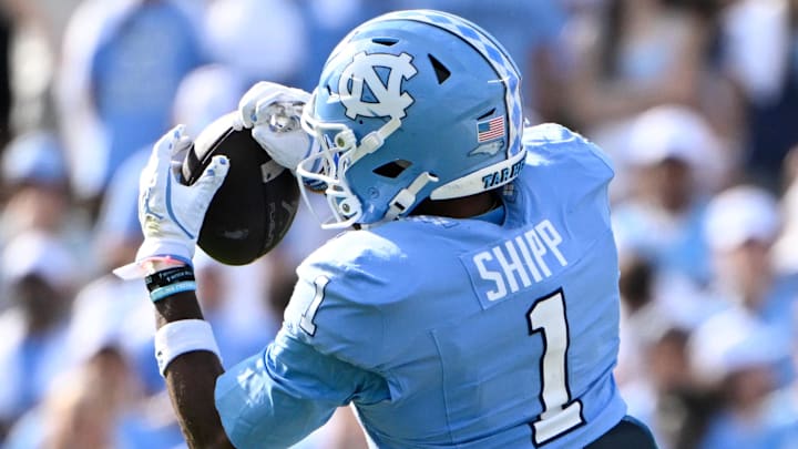 Sep 13, 2025; Chapel Hill, North Carolina, USA; North Carolina Tar Heels wide receiver Jordan Shipp (1) makes a catch in the second quarter at Kenan Stadium. Mandatory Credit: Bob Donnan-Imagn Images