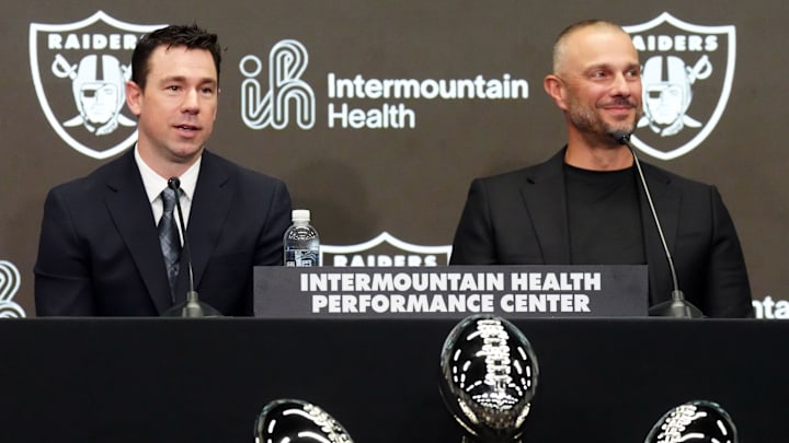 Feb 10, 2026; Las Vegas, NV, USA; Las Vegas Raiders coach Klint Kubiak (left) and general manager John Spytek at introductory press conference at Intermountain Health Performance Center. Mandatory Credit: Kirby Lee-Imagn Images