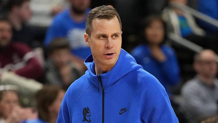 Mar 18, 2026; Greenville, SC, USA; Duke Blue Devils head coach Jon Scheyer during a practice session ahead of the first round of the men's 2026 NCAA Tournament at Bon Secours Wellness Arena. Mandatory Credit: Bob Donnan-Imagn Images