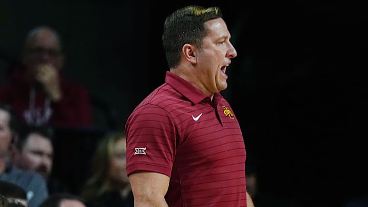 Iowa State Cyclones men's basketball head coach T.J. Otzelberger calls a play against Colorado during the first half in the Big-12 men’s basketball on Jan. 29, 2026, at Hilton Coliseum in Ames, Iowa.