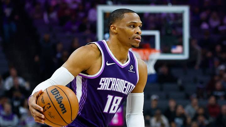 Dec 21, 2025; Sacramento, California, USA; Sacramento Kings guard Russell Westbrook (18) dribbles the ball during the first quarter against the Houston Rockets at Golden 1 Center. Dec 21, 2025; Sacramento, California, USA; Sacramento Kings guard Russell Westbrook (18) dribbles the ball during the first quarter against the Houston Rockets at Golden 1 Center.