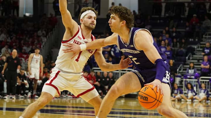 Nebraska guard Sam Hoiberg defends Northwestern forward Nick Martinelli during the second half at Welsh-Ryan Arena.