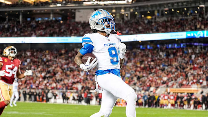 Detroit Lions wide receiver Jameson Williams (9) runs for a touchdown against San Francisco 49ers Detroit Lions wide receiver Jameson Williams (9) runs for a touchdown against San Francisco 49ers