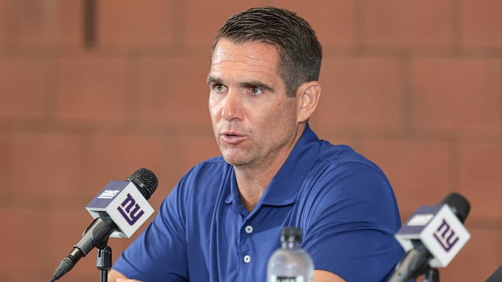 New York Giants general manager Joe Schoen speaks at training camp.