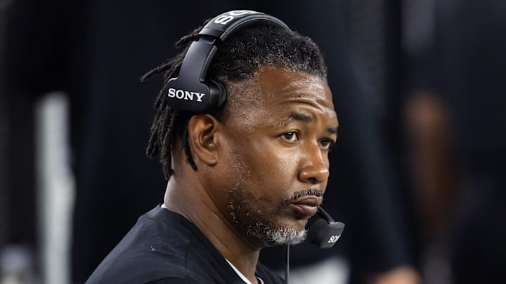 Aug 23, 2025; Glendale, Arizona, USA; Las Vegas Raiders defensive coordinator Patrick Graham against the Arizona Cardinals during a preseason NFL game at State Farm Stadium. Mandatory Credit: Mark J. Rebilas-Imagn Images
