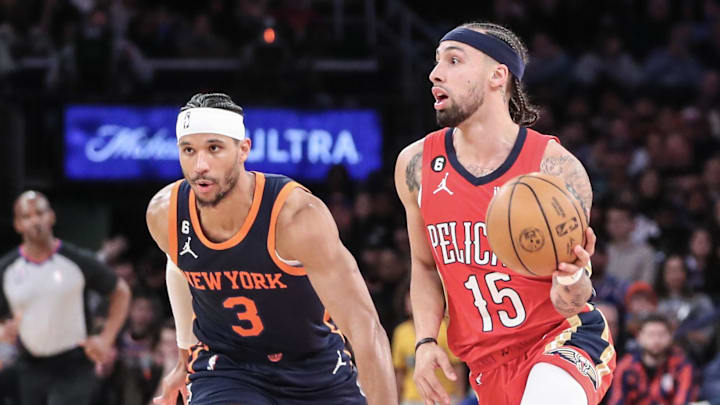 Feb 25, 2023; New York, New York, USA;  New Orleans Pelicans guard Jose Alvarado (15) drives past New York Knicks guard Josh Hart (3) at Madison Square Garden. Mandatory Credit: Wendell Cruz-Imagn Images