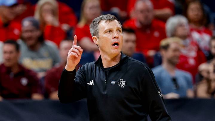 Mar 19, 2026; Oklahoma City, OK, USA; Texas A&M Aggies coach Bucky McMillan during a first round game of the men's 2026 NCAA Tournament at Paycom Center. Mandatory Credit: Alonzo Adams-Imagn Images