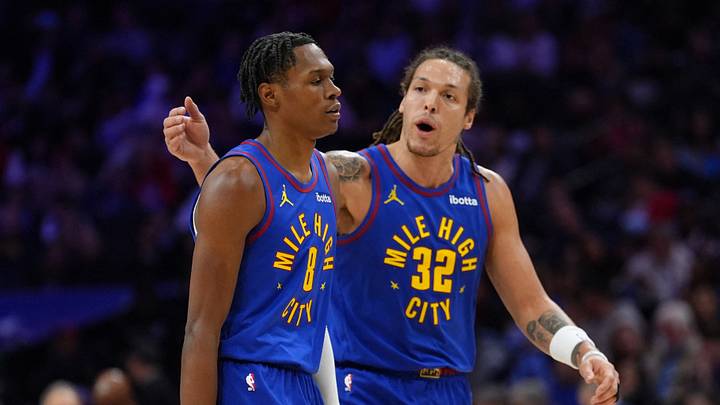 Jan 31, 2025; Philadelphia, Pennsylvania, USA; Denver Nuggets guard Peyton Watson (8) reacts with forward Aaron Gordon (32) against the Philadelphia 76ers in the second quarter at Wells Fargo Center. Mandatory Credit: Kyle Ross-Imagn Images Jan 31, 2025; Philadelphia, Pennsylvania, USA; Denver Nuggets guard Peyton Watson (8) reacts with forward Aaron Gordon (32) against the Philadelphia 76ers in the second quarter at Wells Fargo Center. Mandatory Credit: Kyle Ross-Imagn Images