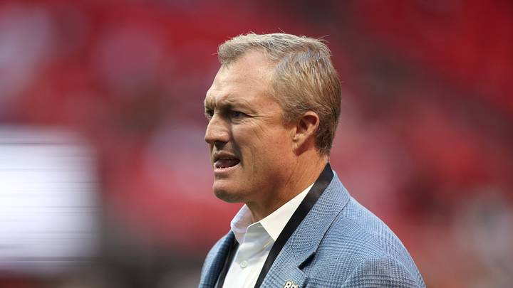 Atlanta, Georgia, USA;  San Francisco 49ers general manager John Lynch watches his players warm up before their game against the Atlanta Falcons at Mercedes-Benz Stadium.  Mandatory Credit: Brett Davis-Imagn Images