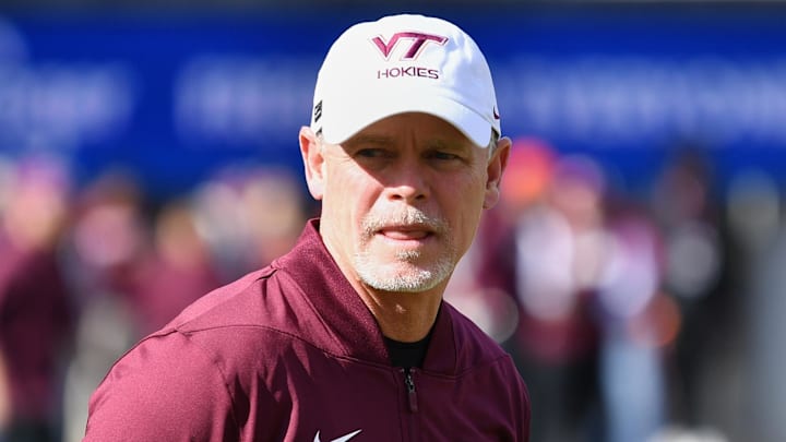 Nov 1, 2025; Blacksburg, Virginia, USA;  Virginia Tech Hokies coach Phillip Montgomery looks on before the game against the Louisville Cardinals at Lane Stadium. Mandatory Credit: Brian Bishop-Imagn Images