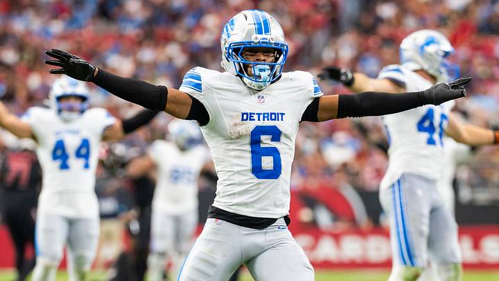 Detroit Lions cornerback Keith Abney II (6) celebrates against the Arizona Cardinals at State Farm Stadium