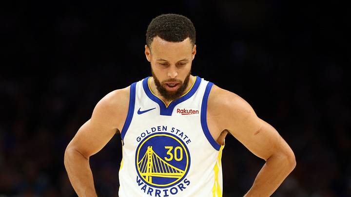 Apr 17, 2026; Phoenix, Arizona, USA; Golden State Warriors guard Stephen Curry (30) reacts against the Phoenix Suns during the first half in the play-in rounds of the 2026 NBA Playoffs at Mortgage Matchup Center. Mandatory Credit: Mark J. Rebilas-Imagn Images