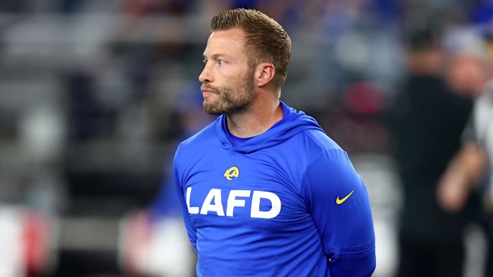 Jan 13, 2025; Glendale, AZ, USA; Los Angeles Rams head coach Sean McVay before the NFC wild card game against the Minnesota Vikings at State Farm Stadium. Mandatory Credit: Mark J. Rebilas-Imagn Images