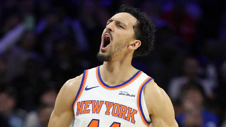 Jan 24, 2026; Philadelphia, Pennsylvania, USA; New York Knicks guard Landry Shamet (44) reacts after a score against the Philadelphia 76ers during the fourth quarter at Xfinity Mobile Arena. Mandatory Credit: Bill Streicher-Imagn Images