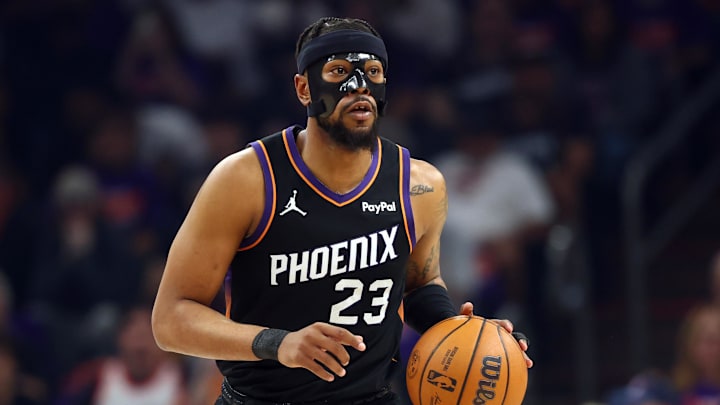 Apr 14, 2026; Phoenix, Arizona, USA; Phoenix Suns guard Jordan Goodwin (23) against the Portland Trail Blazers during the play-in rounds of the 2026 NBA Playoffs at Mortgage Matchup Center. Mandatory Credit: Mark J. Rebilas-Imagn Images
