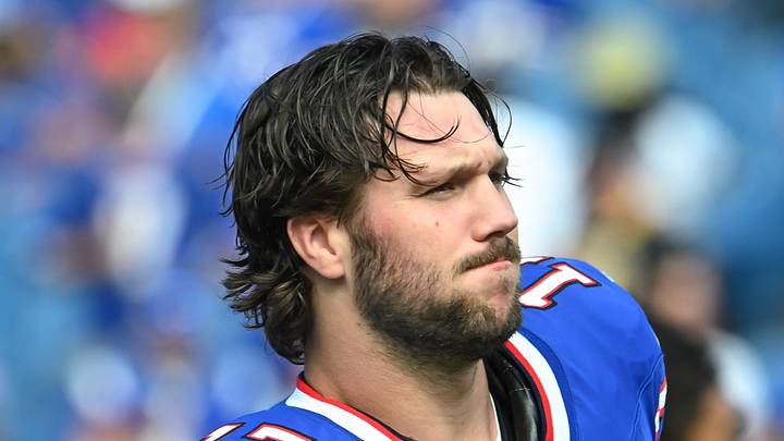 Sep 28, 2025; Orchard Park, New York, USA; Buffalo Bills quarterback Josh Allen (17) warms up before a game against the New Orleans Saints at Highmark Stadium. Mandatory Credit: Mark Konezny-Imagn Images