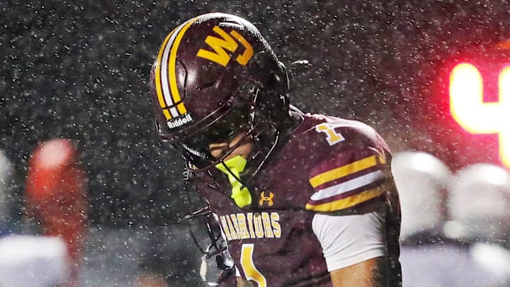Walsh Jesuit wide receiver Milan Parris hangs his head after the Warriors failed to convert on fourth down late in the second half of an OHSAA Division II regional championship game against Hoban at Twinsburg High School on Friday, Nov. 22, 2024, in Twinsburg, Ohio.