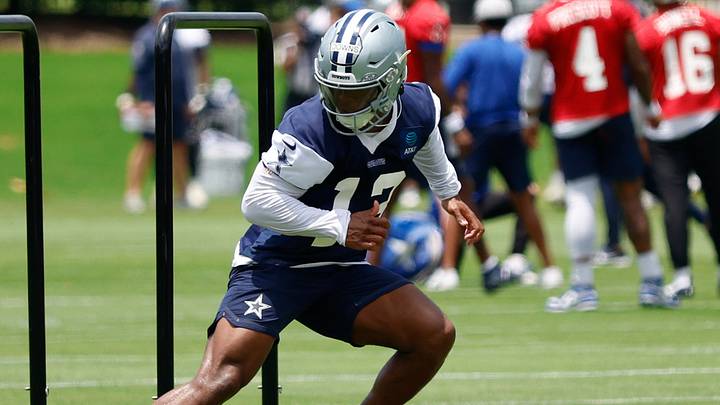 Dallas Cowboys safety Caleb Downs goes through a drill during practice at the Ford Center at the Star Training Facility. Dallas Cowboys safety Caleb Downs goes through a drill during practice at the Ford Center at the Star Training Facility.