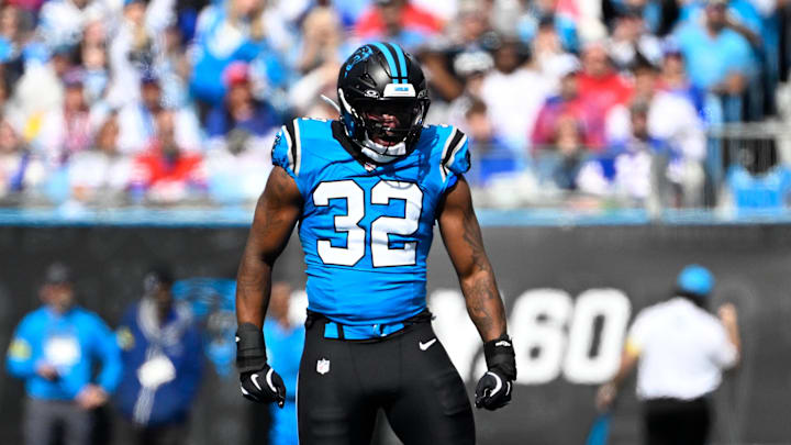 Carolina Panthers linebacker Trevin Wallace (32) reacts in the first quarter 