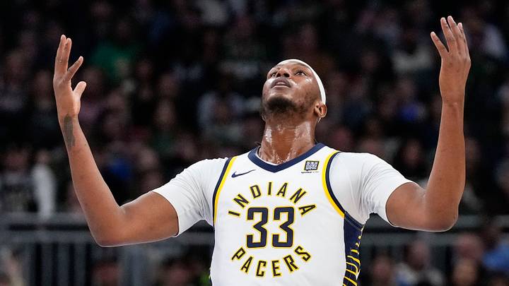 Mar 15, 2025; Milwaukee, Wisconsin, USA;  Indiana Pacers center Myles Turner (33 reacts after scoring a basket during the first quarter against the Milwaukee Bucks at Fiserv Forum. Mandatory Credit: Jeff Hanisch-Imagn Images