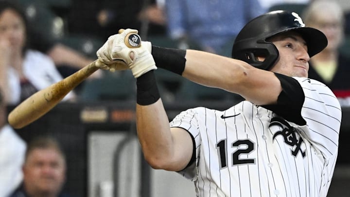 Chicago White Sox shortstop Colson Montgomery (12) hits a grand slam against the Minnesota Twins at Rate Field. Chicago White Sox shortstop Colson Montgomery (12) hits a grand slam against the Minnesota Twins at Rate Field.