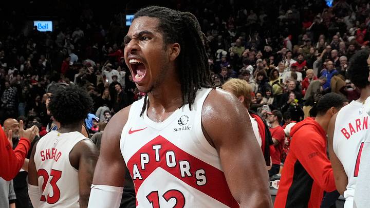 Dec 29, 2025; Toronto, Ontario, CAN; Toronto Raptors forward Collin Murray-Boyles (12) reacts after a win over the Orlando Magic at Scotiabank Arena. Mandatory Credit: John E. Sokolowski-Imagn Images Dec 29, 2025; Toronto, Ontario, CAN; Toronto Raptors forward Collin Murray-Boyles (12) reacts after a win over the Orlando Magic at Scotiabank Arena. Mandatory Credit: John E. Sokolowski-Imagn Images