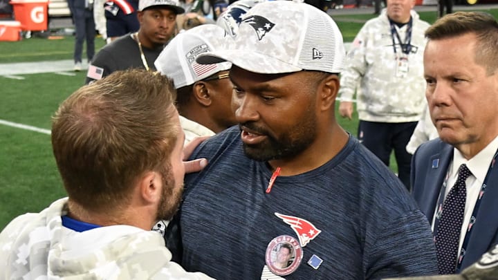 Nov 17, 2024; Foxborough, Massachusetts, USA;  New England Patriots head coach Jerod Mayo (right)  talks to Los Angeles Rams head coach Sean McVay (left) after a game at Gillette Stadium. Mandatory Credit: Eric Canha-Imagn Images