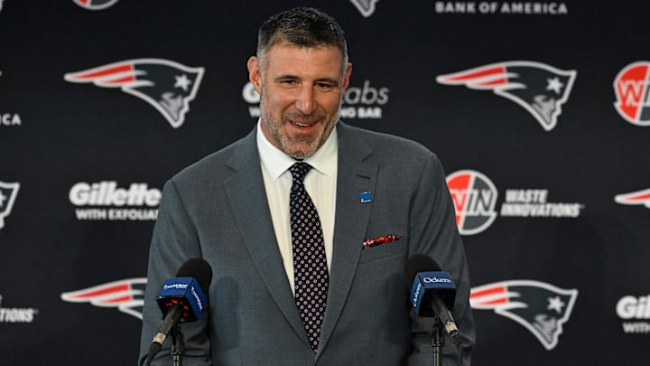 Jan 13, 2025; Foxborough, MA, USA; Mike Vrabel addresses media at a press conference to announce his hiring as the new head coach of the New England Patriots at Gillette Stadium. Mandatory Credit: Eric Canha-Imagn Images