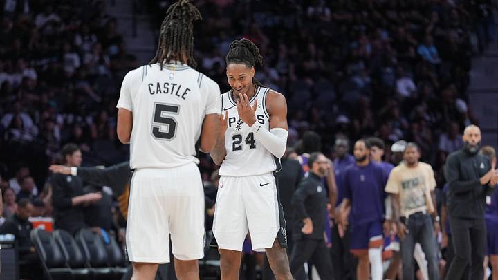 Oct 14, 2026; San Antonio, Texas, USA; San Antonio Spurs guard Devin Vassell (24) celebrates with guard Stephon Castle (5) in the second half against the Phoenix Suns at Frost Bank Center. Oct 14, 2026; San Antonio, Texas, USA; San Antonio Spurs guard Devin Vassell (24) celebrates with guard Stephon Castle (5) in the second half against the Phoenix Suns at Frost Bank Center.