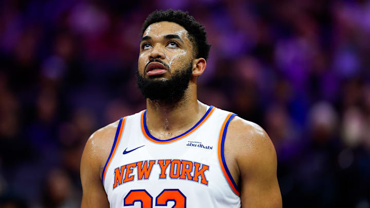 Jan 14, 2026; Sacramento, California, USA; New York Knicks center Karl-Anthony Towns (32) looks up during the third quarter against the Sacramento Kings at Golden 1 Center. Mandatory Credit: Sergio Estrada-Imagn Images