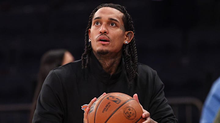 Mar 4, 2026; New York, New York, USA; New York Knicks guard Jordan Clarkson (00) warms up before the game against the Oklahoma City Thunder at Madison Square Garden. Mandatory Credit: Vincent Carchietta-Imagn Images