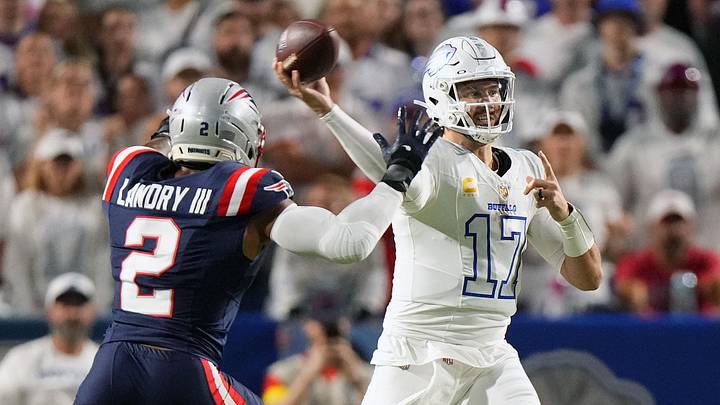Oct 5, 2025; Orchard Park, New York, USA; Buffalo Bills quarterback Josh Allen (17) drops back to pass against the New England Patriots during the first half at Highmark Stadium. Mandatory Credit: Gregory Fisher-Imagn Images