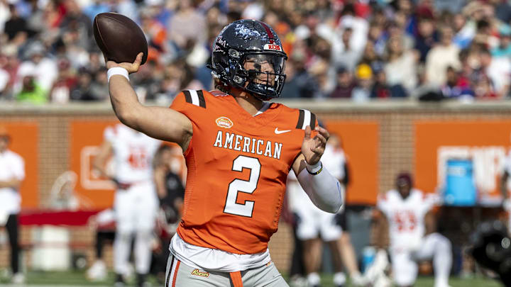 Feb 1, 2025; Mobile, AL, USA; American team quarterback Jaxson Dart of Ole Miss (2) during the first half of the 2025 Senior Bowl football game against the National team at Hancock Whitney Stadium. Mandatory Credit: Vasha Hunt-Imagn Images