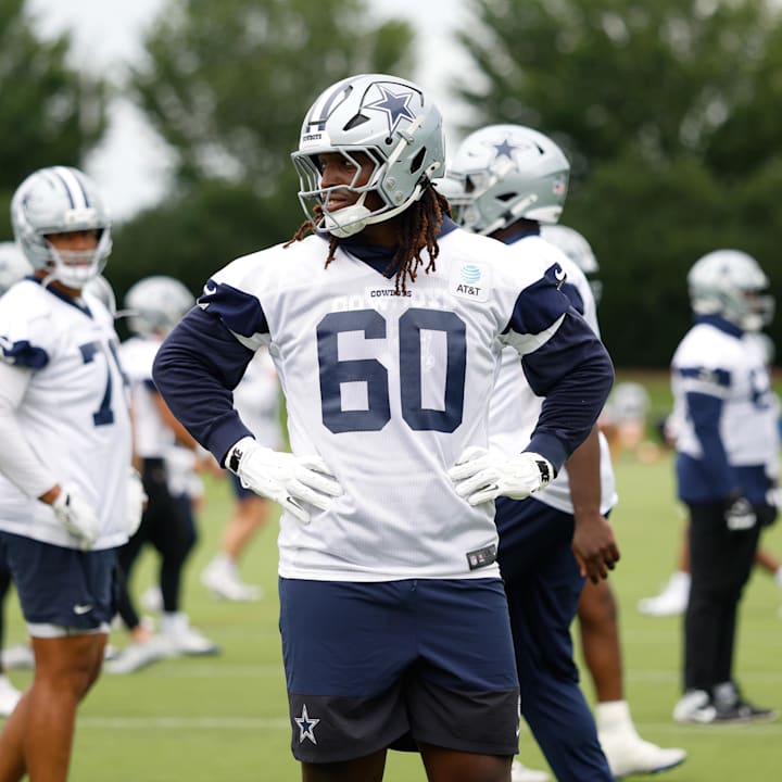 Dallas Cowboys offensive tackle Tyler Guyton goes through a drill at the Ford Center at the Star Training Facility