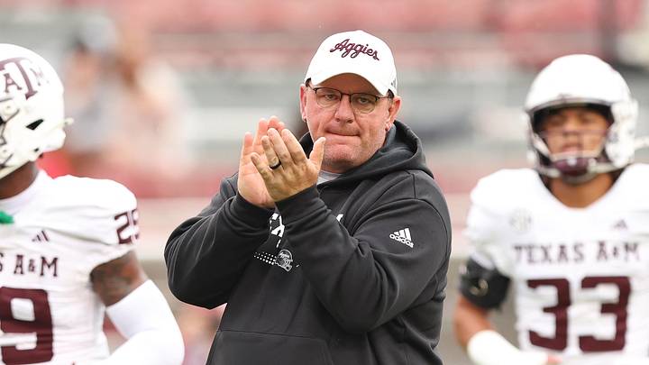 Oct 18, 2025; Fayetteville, Arkansas, USA; Texas A&M Aggies head coach Mike Elko prior to the game against the Arkansas Razorbacks at Donald W. Reynolds Razorback Stadium. Mandatory Credit: Nelson Chenault-Imagn Images