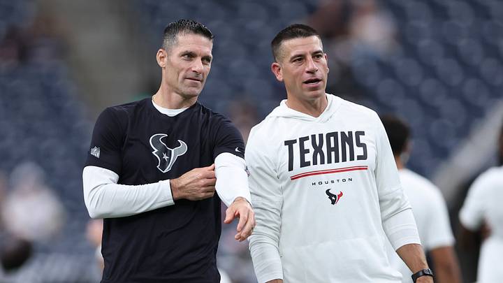 Aug 13, 2026; Houston, Texas, USA; Houston Texans general manager Nick Caserio (left) talks with special teams coordinator Frank Ross before the game against the Los Angeles Chargers at Reliant Stadium. Mandatory Credit: Troy Taormina-Imagn Images Aug 13, 2026; Houston, Texas, USA; Houston Texans general manager Nick Caserio (left) talks with special teams coordinator Frank Ross before the game against the Los Angeles Chargers at Reliant Stadium. Mandatory Credit: Troy Taormina-Imagn Images