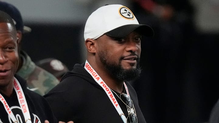 Atlanta Falcons head coach Raheem Morris, Pittsburgh Steelers head coach Mike Tomlin and Miami Dolphins head coach Mike McDaniel watch UGA Footballs Pro Day in Athens, Ga., on Wednesday, March 12, 2025. Representatives from all 32 NFL teams are on hand to watch former UGA football players in action.
