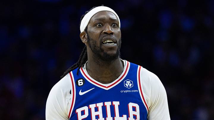 Jan 25, 2023; Philadelphia, Pennsylvania, USA; Philadelphia 76ers center Montrezl Harrell (5) reacts during a break in action in the third quarter at Wells Fargo Center. Mandatory Credit: Bill Streicher-USA TODAY Sports